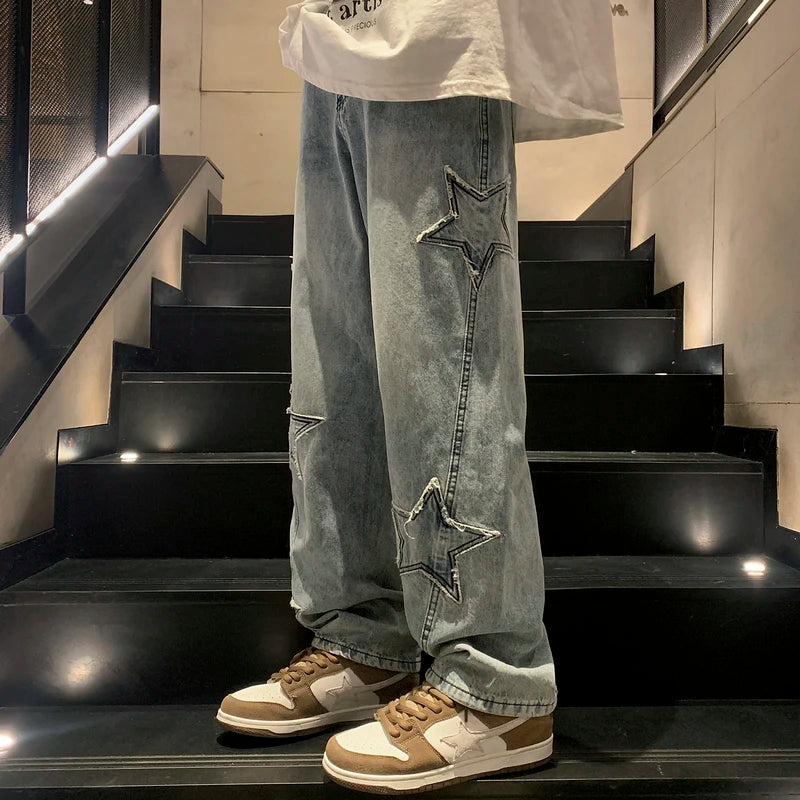 Star Embroidered Wide-Leg Denim