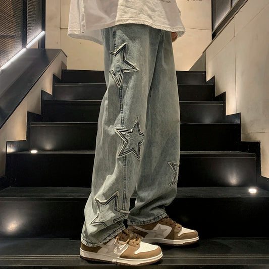 Star Embroidered Wide-Leg Denim
