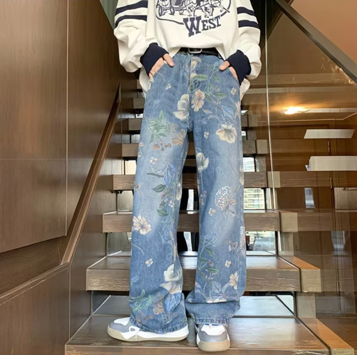 Floral Cropped 90s Denim - Vintage Blue