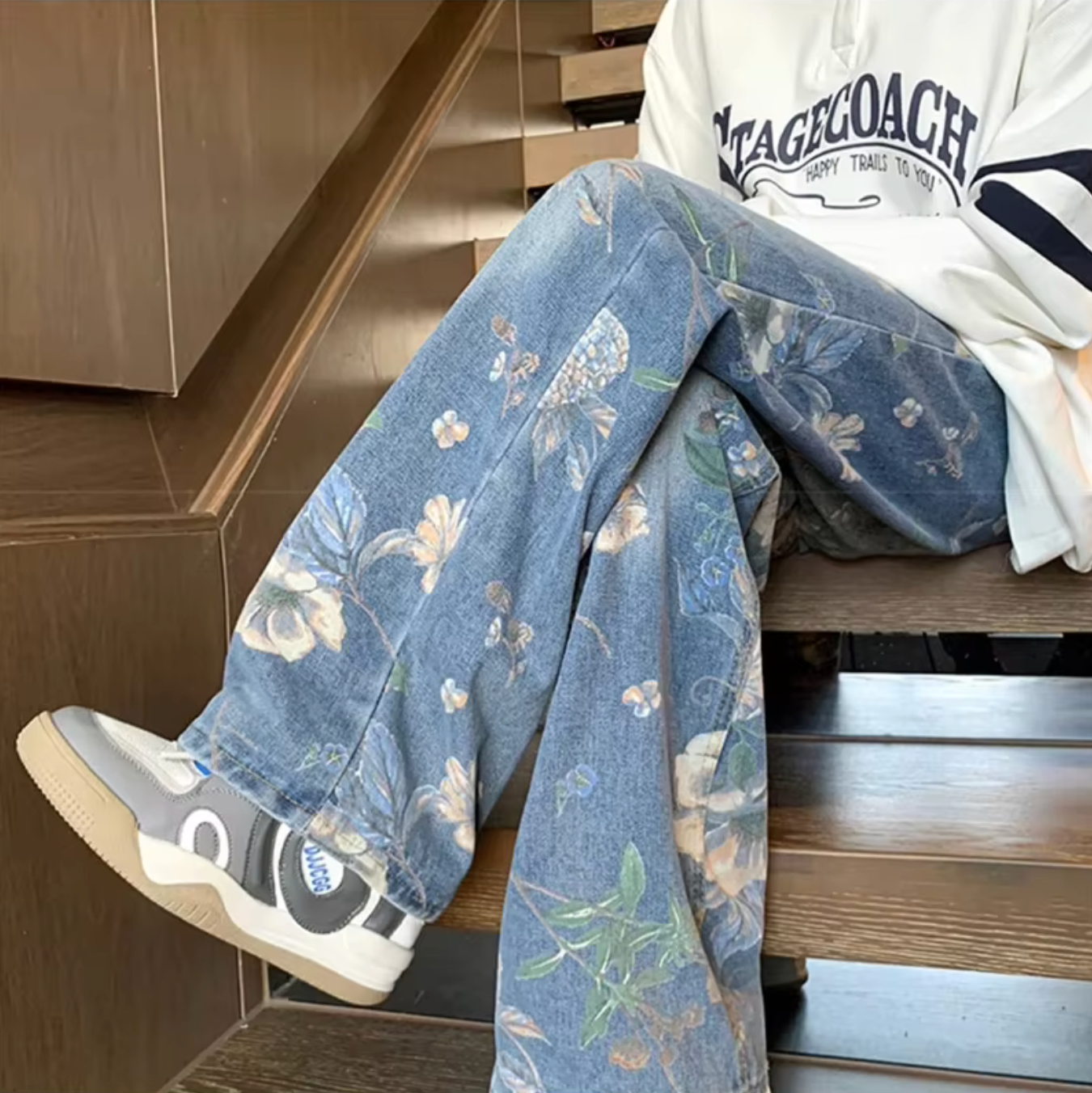 Floral Cropped 90s Denim - Vintage Blue